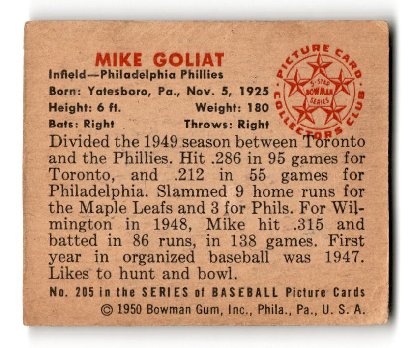 1950 Bowman #205 Mike Goliat - Philadelphia Phillies VG