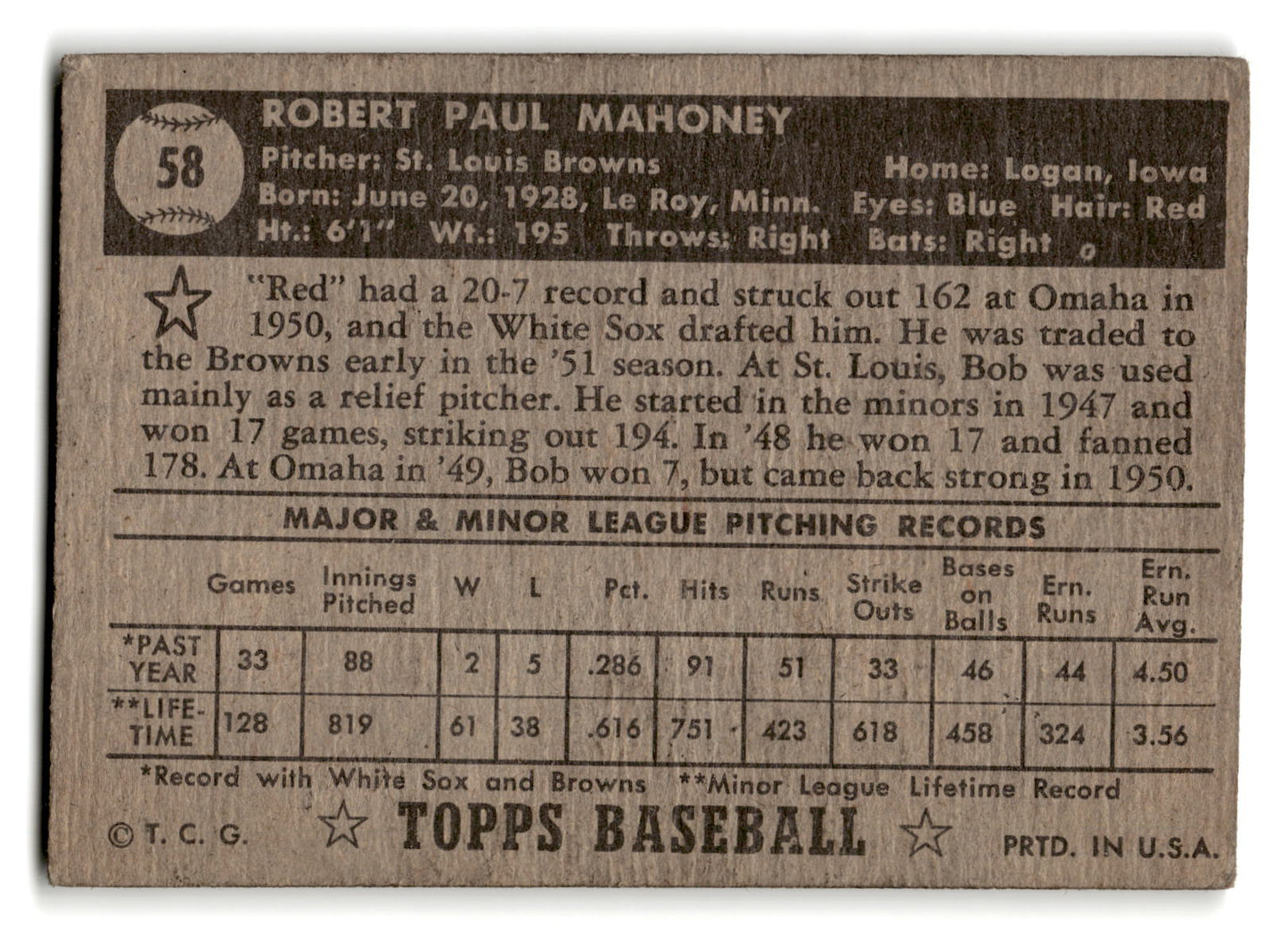 1952 Topps #58 Bob Mahoney - St. Louis Browns RC vg Blk Back