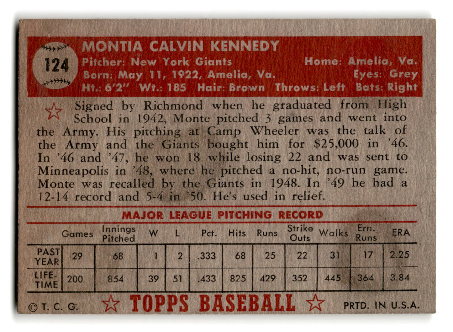 1952 Topps #124 Monte Kennedy - New York Giants g/vg