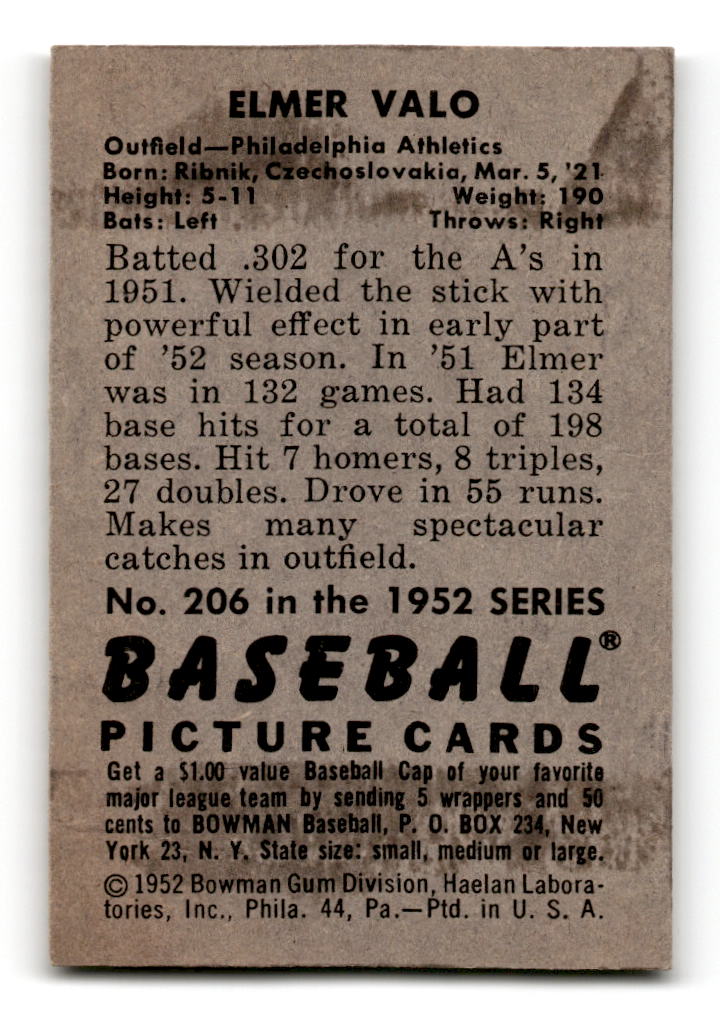 1952 Bowman #206 Elmer Valo - Philadelphia Athletics VG