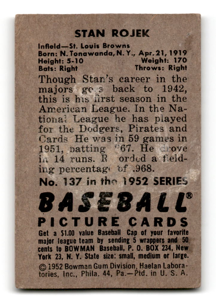 1952 Bowman #137 Stan Rojek - St. Louis Browns G/VG