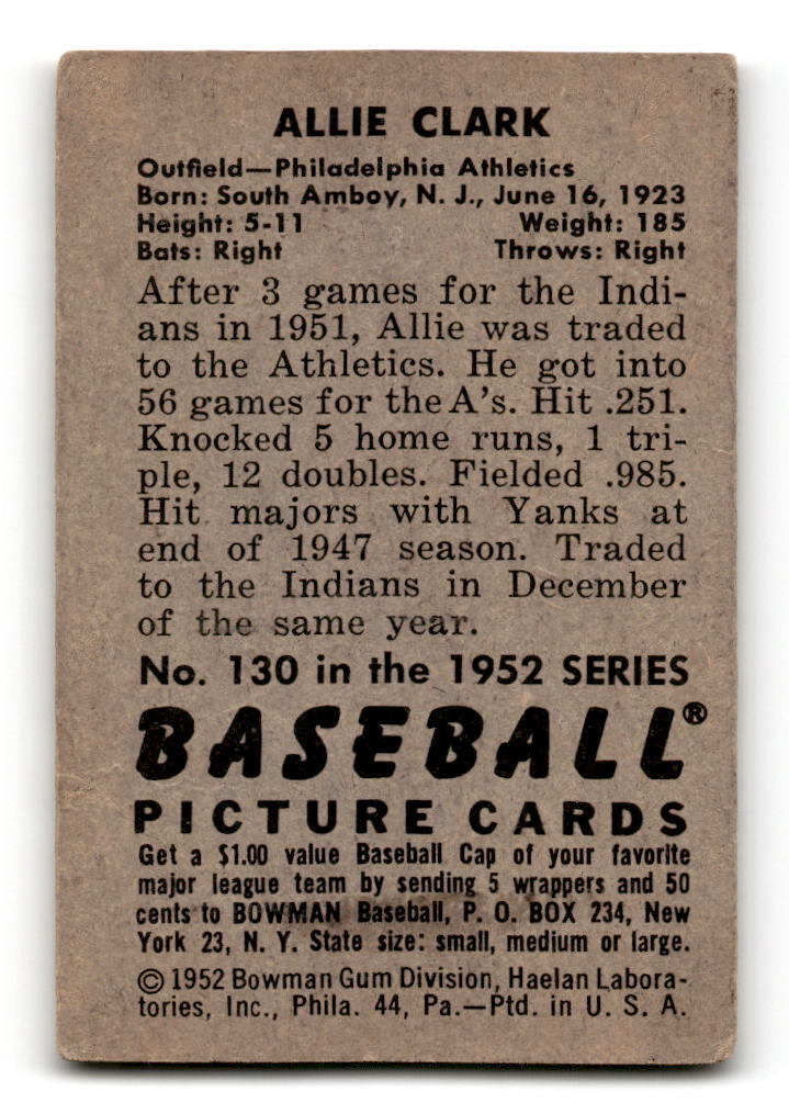 1952 Bowman #130 Allie Clark - Philadelphia Athletics VG