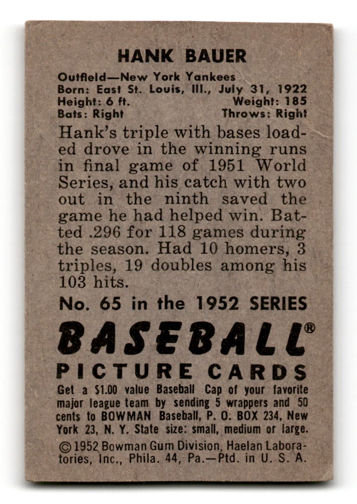 1952 Bowman #65 Hank Bauer - New York Yankees VG