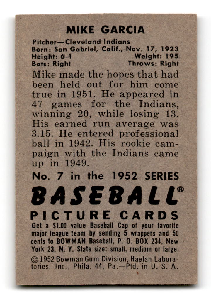 1952 Bowman #7 Mike Garcia #2 - Cleveland Indians VG
