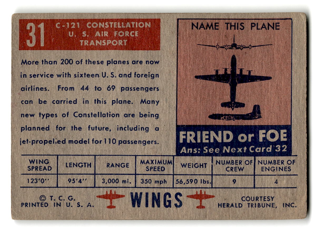 1952 Topps Wings #31 C-121 Constellation U.S. Air Force Transport