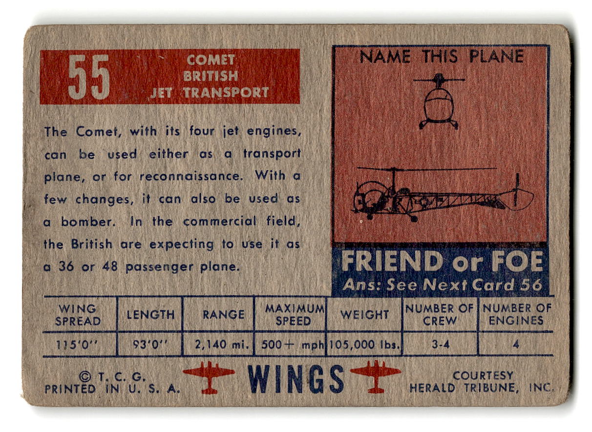 1952 Topps Wings #55 Comet British Jet Transport