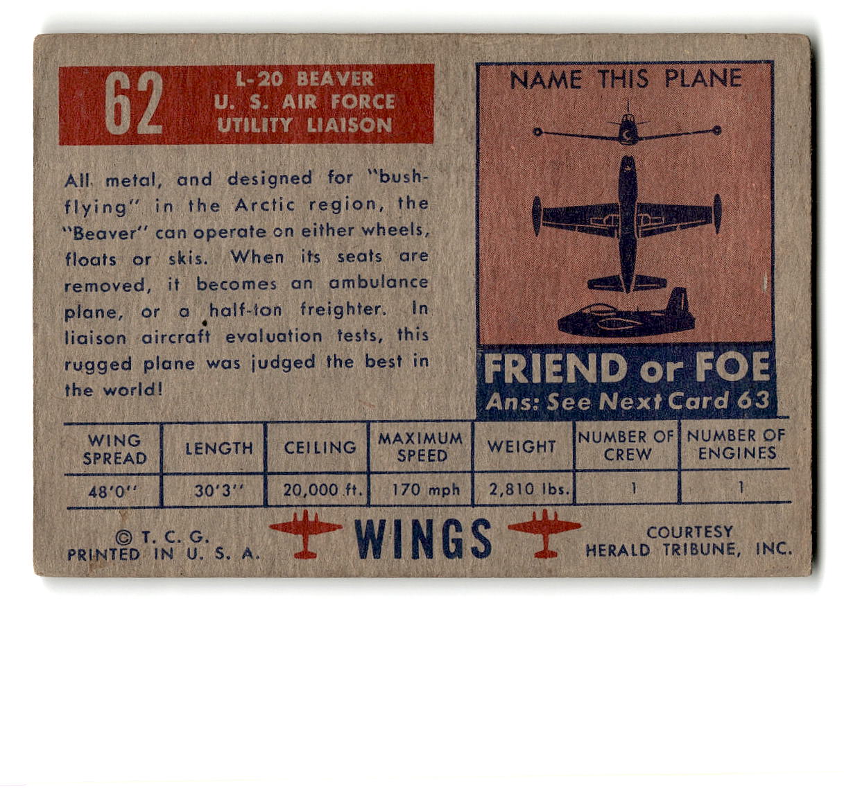 1952 Topps Wings #62 L-20 Beaver U.S. Air Force Utility-Liaison