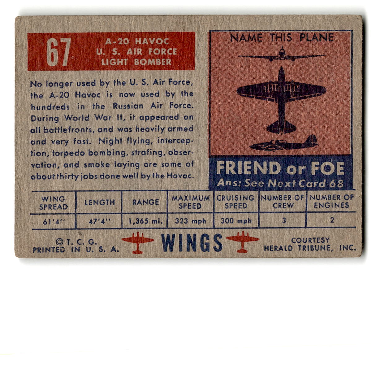 1952 Topps Wings #67 A-20 Havoc U.S. Air Force - Light Bomber