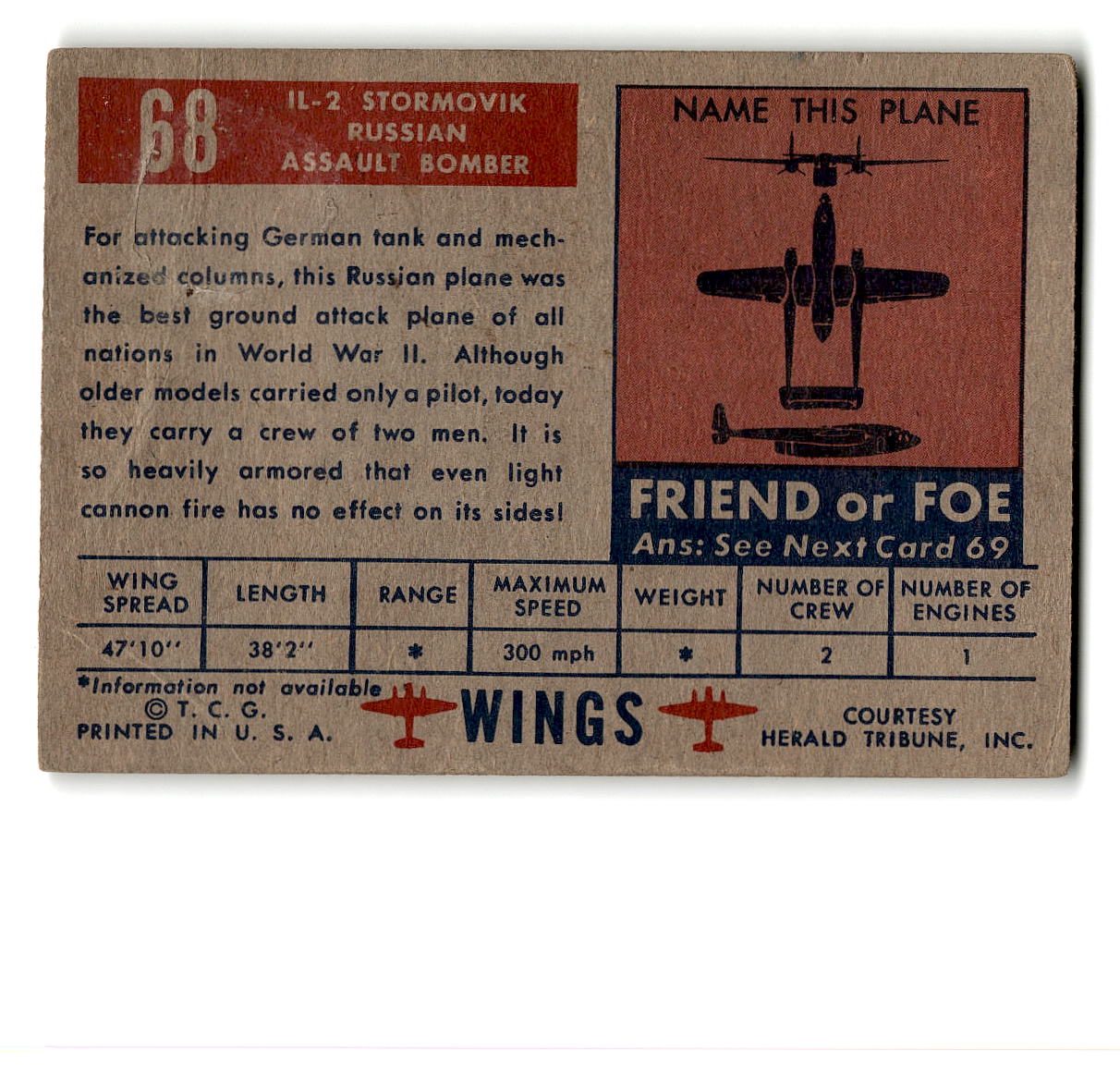 1952 Topps Wings #68 IL-2 Stormovik Russian Assault Bomber