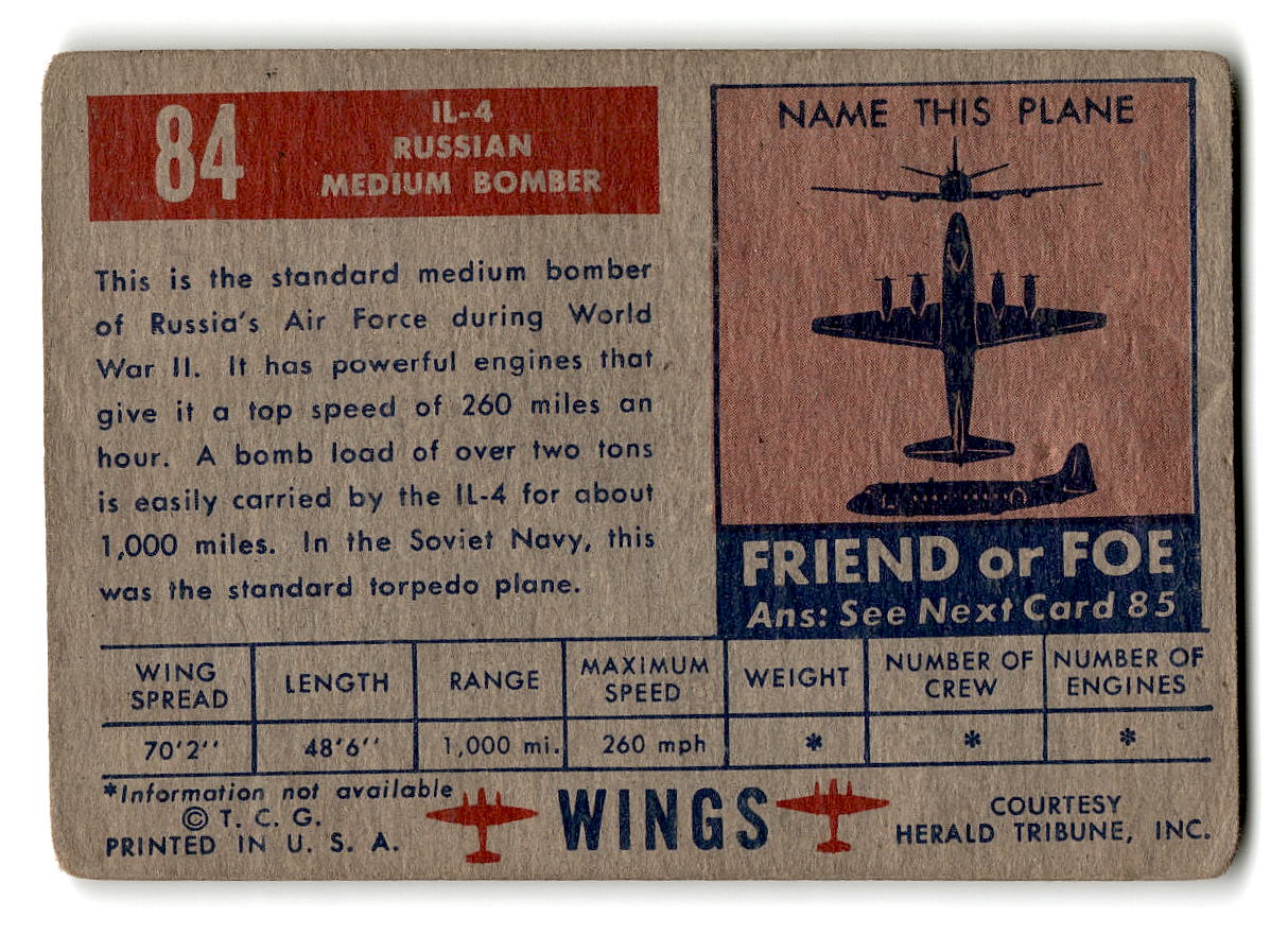 1952 Topps Wings #84 IL-4 Russian Medium Bomber