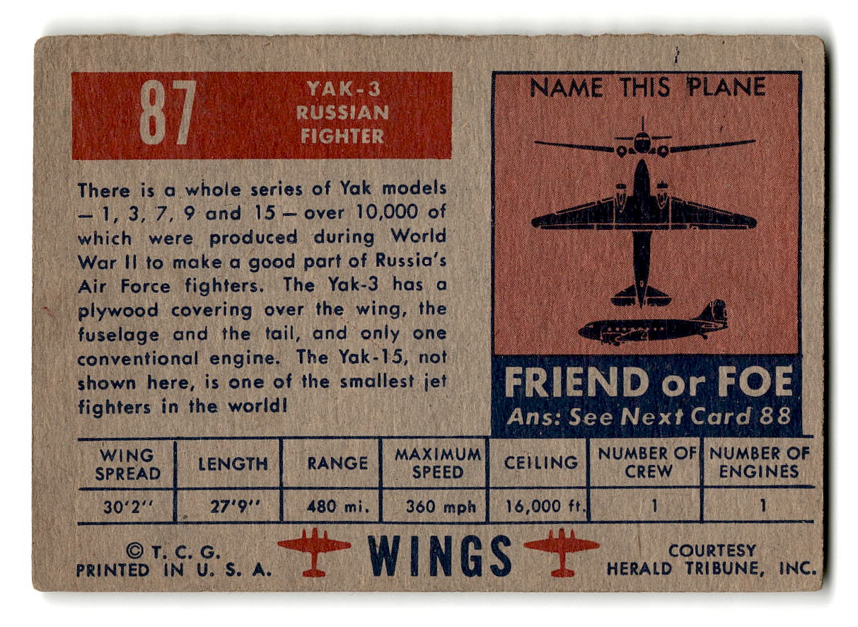 1952 Topps Wings #87 YAK-3 Russian Fighter