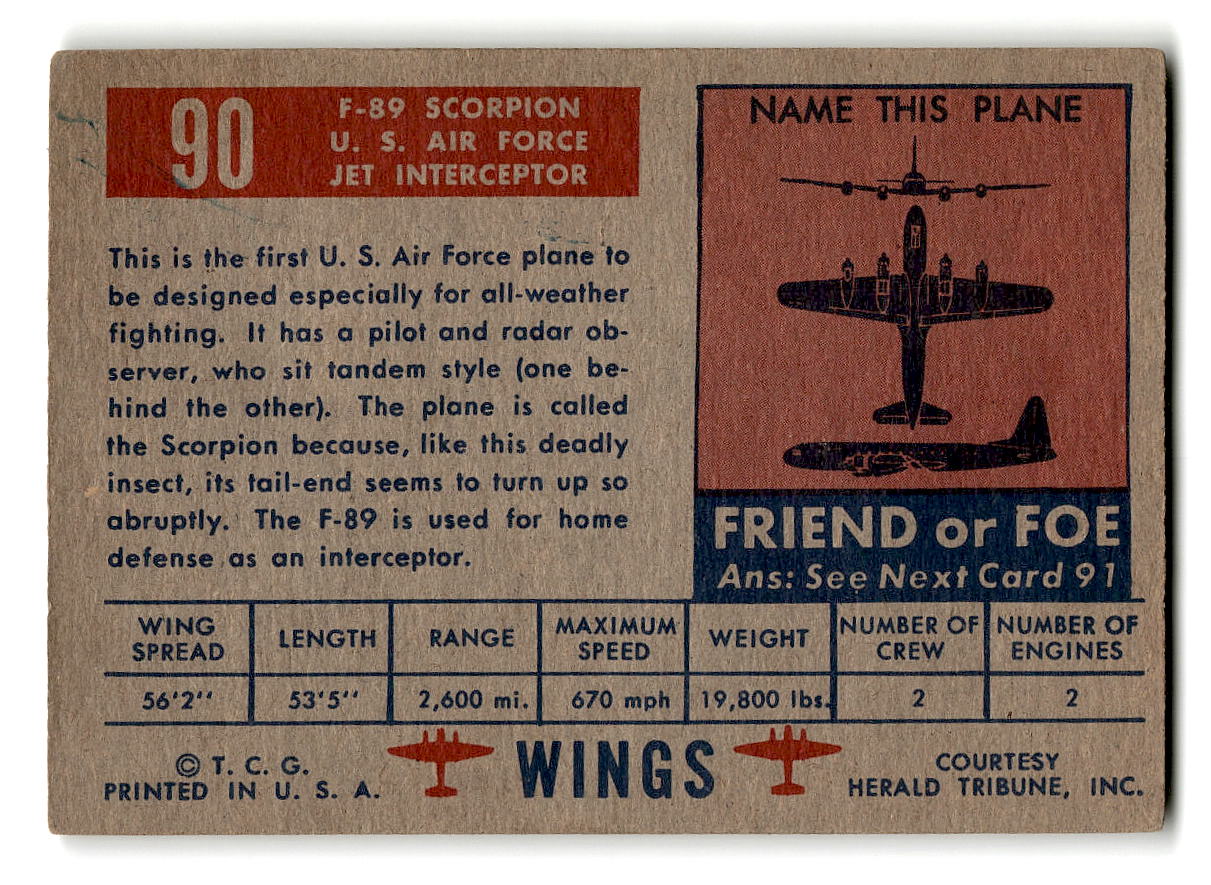 1952 Topps Wings #90 F-89 Scorpion U.S. Air Force Jet Interceptor