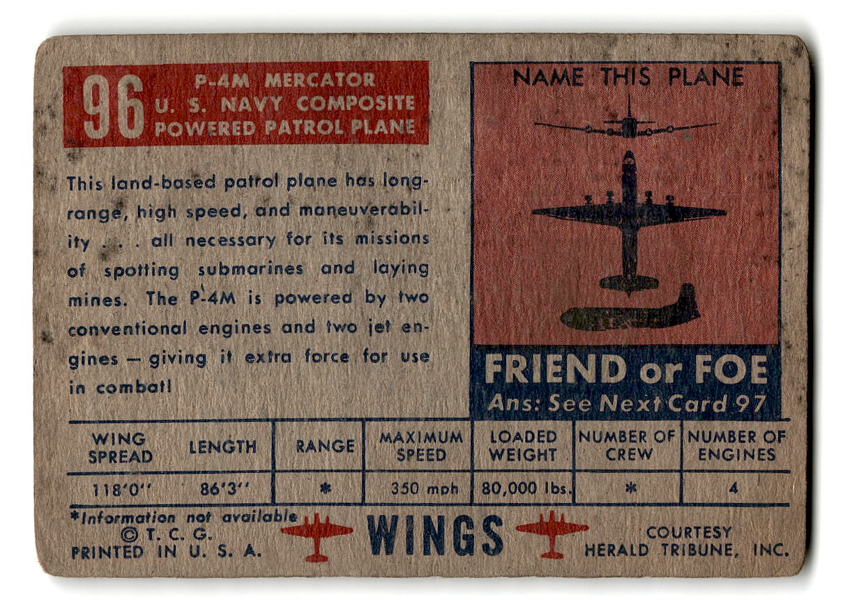 1952 Topps Wings #96 P4M Mercator U.S. Navy Composite-Powered Patrol Plane