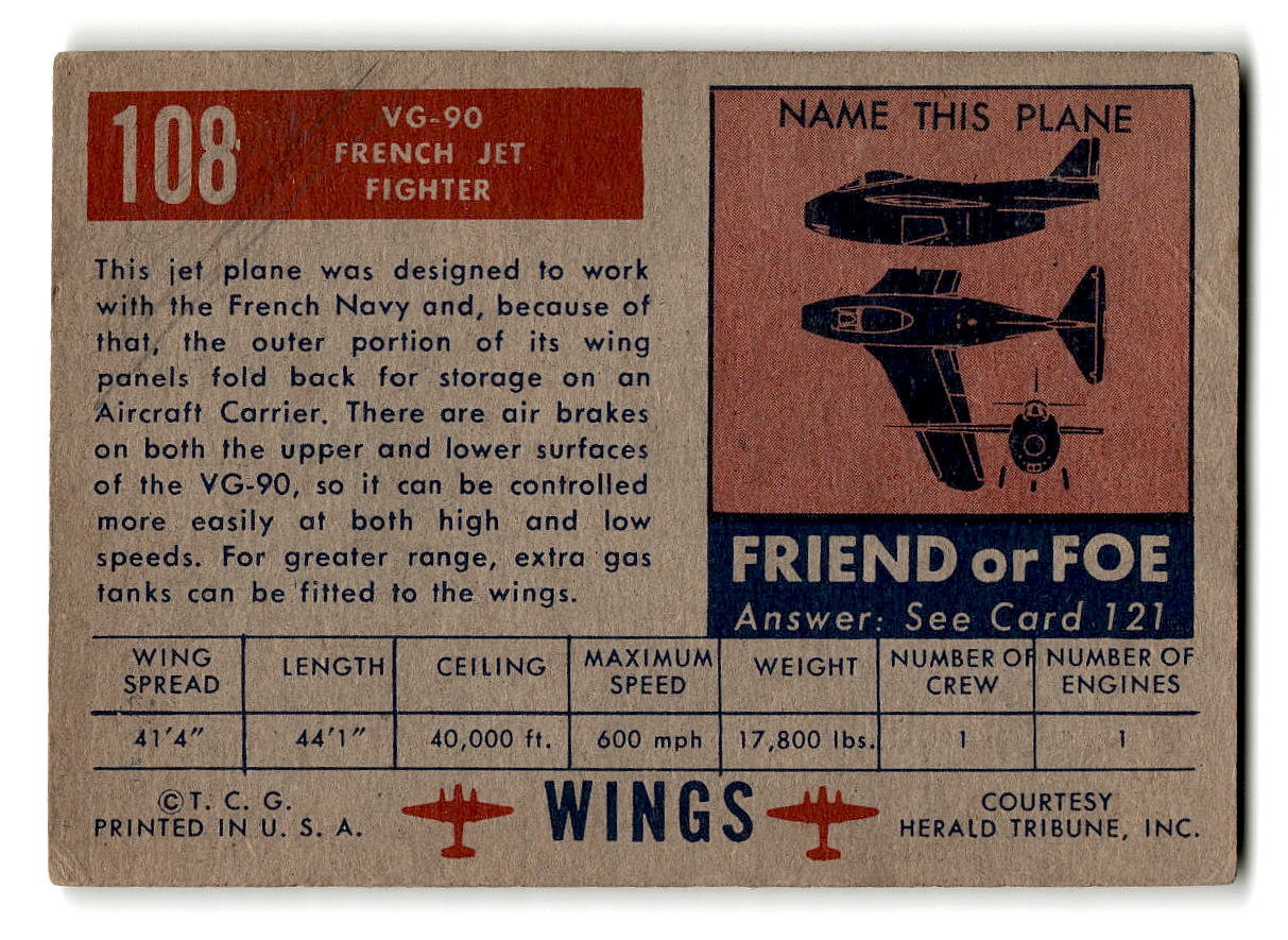 1952 Topps Wings #108 VG-90 French Jet Fighter