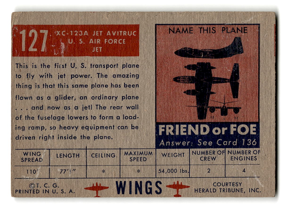 1952 Topps Wings #127 XC-123A Jet Avitruc U.S. Air Force Jet