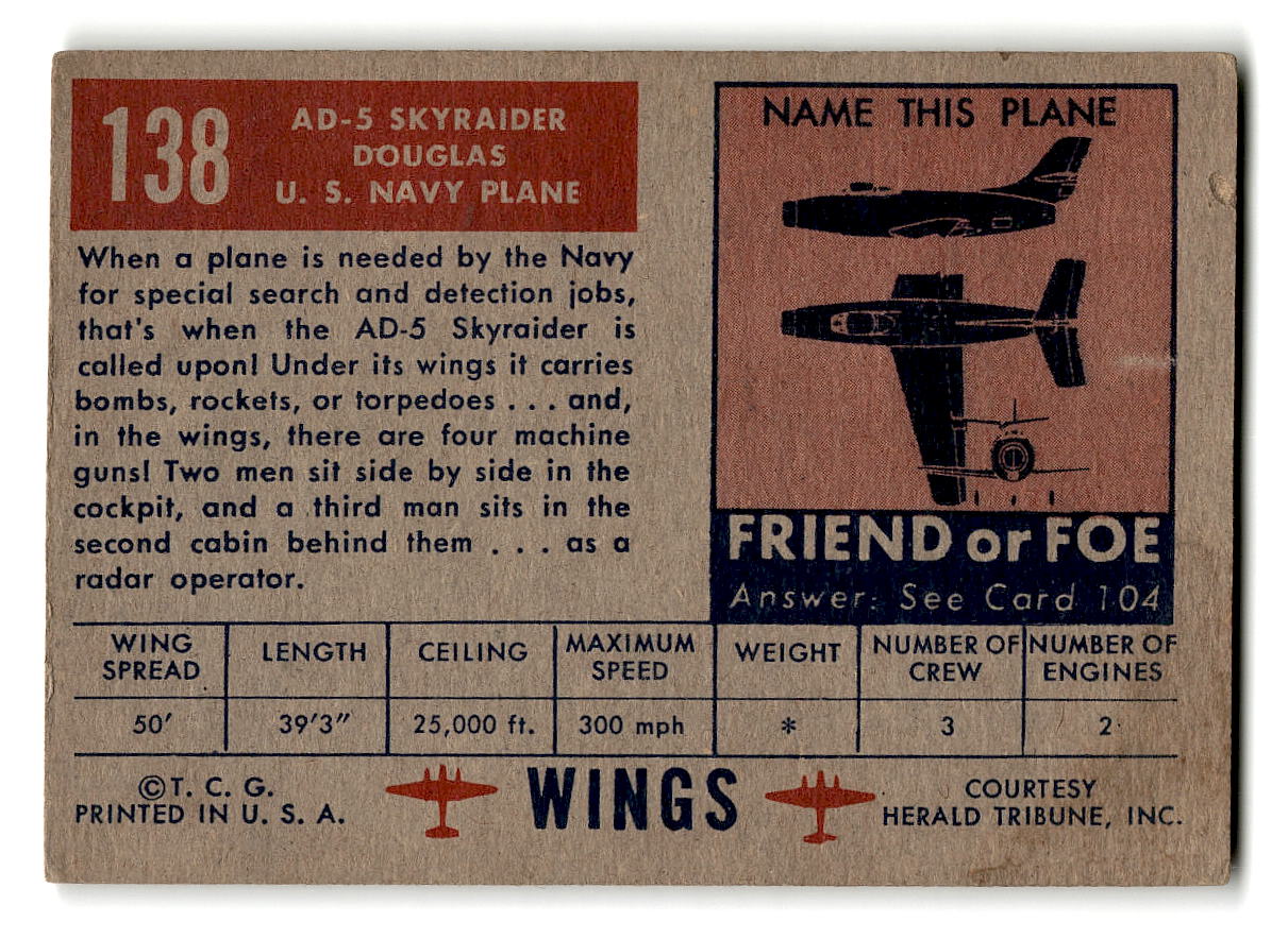 1952 Topps Wings #138 AD-5 Skyraider U.S. Navy Plane