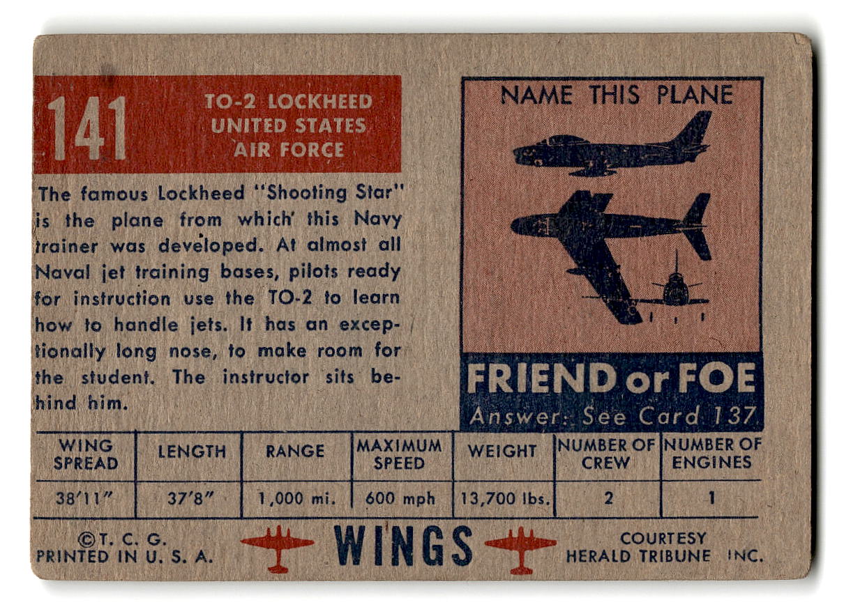 1952 Topps Wings #141 TO-2 Lockheed U.S. Air Force Jet Trainer