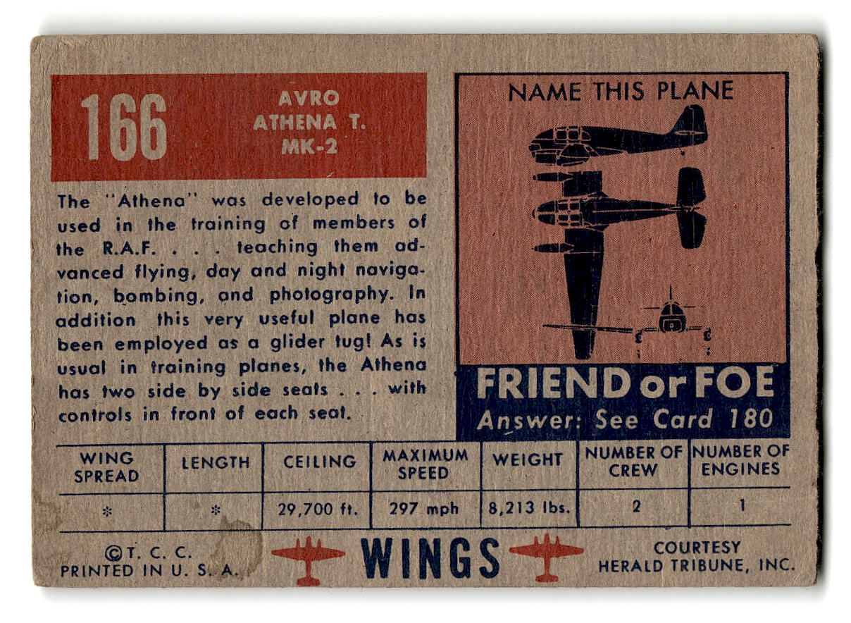 1952 Topps Wings #166 Avro Athena T. MK-2 British Training Ship