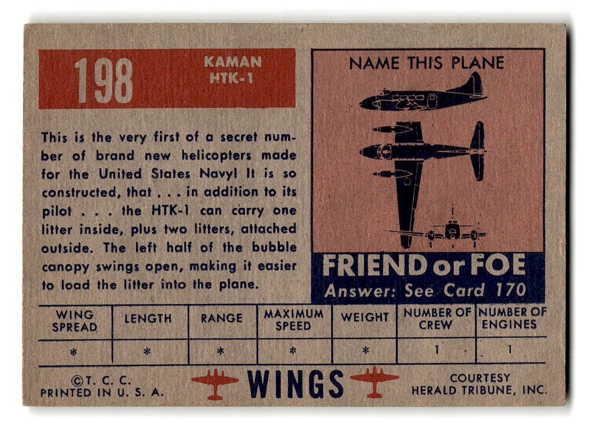 1952 Topps Wings #198 Kaman HTK-1 U.S. Helicopter