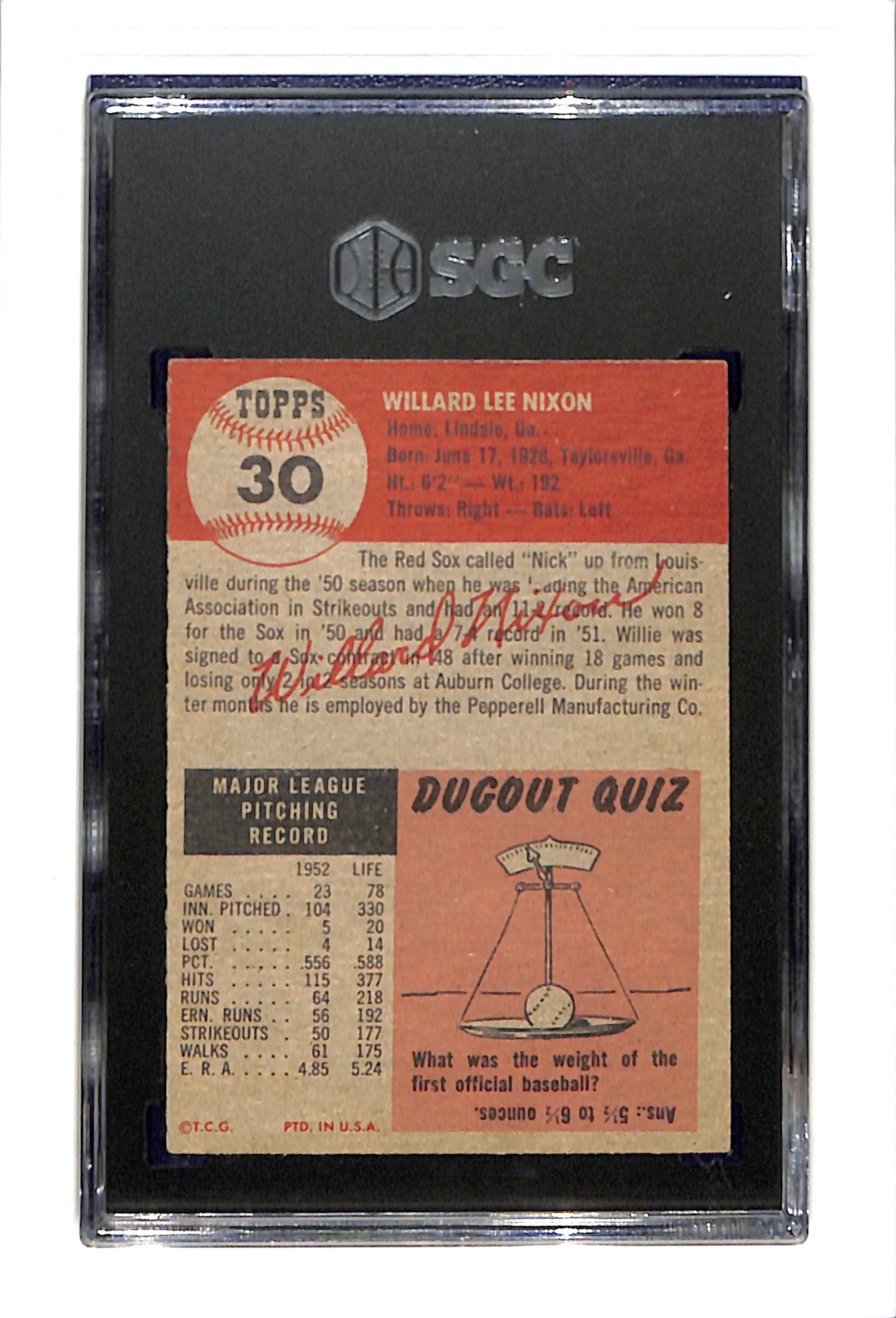 1953 Topps #30 Willard Nixon - Boston Red Sox SGC 5 SN 1428955
