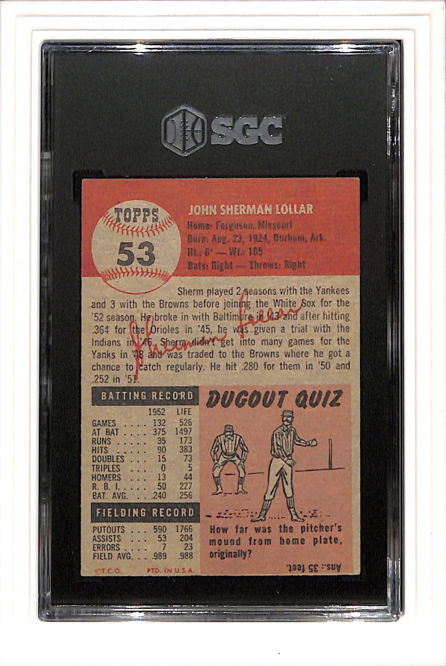 1953 Topps #53 Sherman Lollar SGC 4  SN 6145585