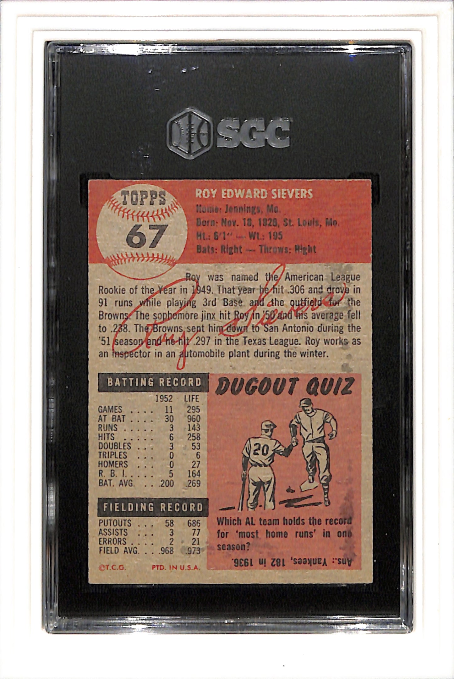 1953 Topps #67 Roy Sievers St Louis Browns SGC 5 SN 0189081