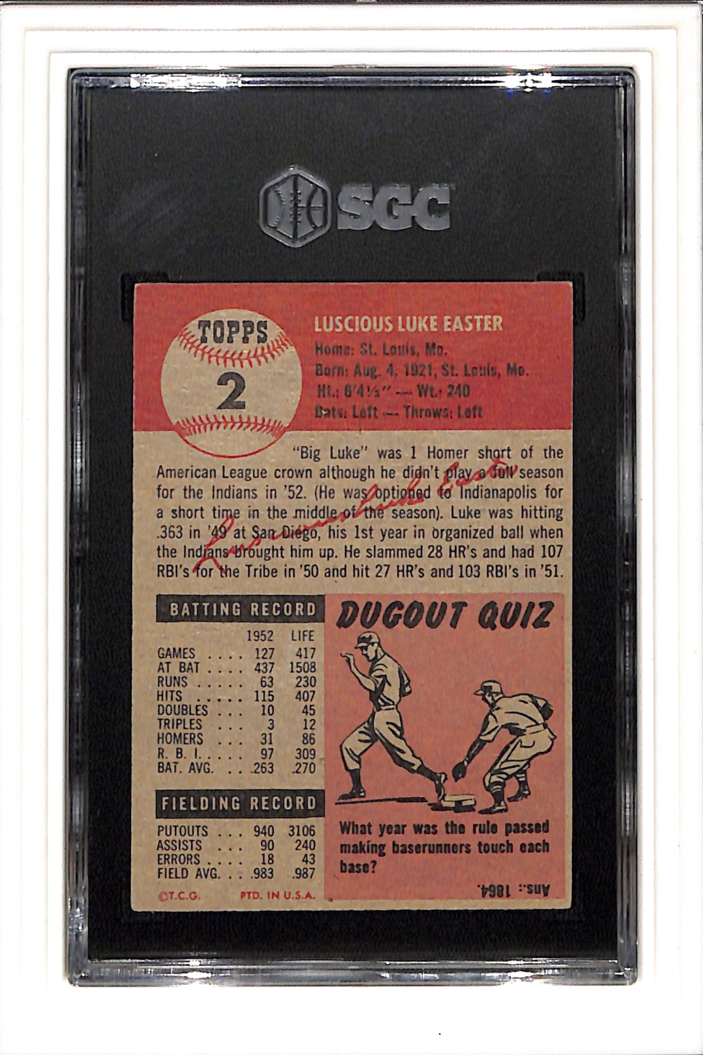1953 Topps #2 Luke Easter SGC 5.5 SN 0238640
