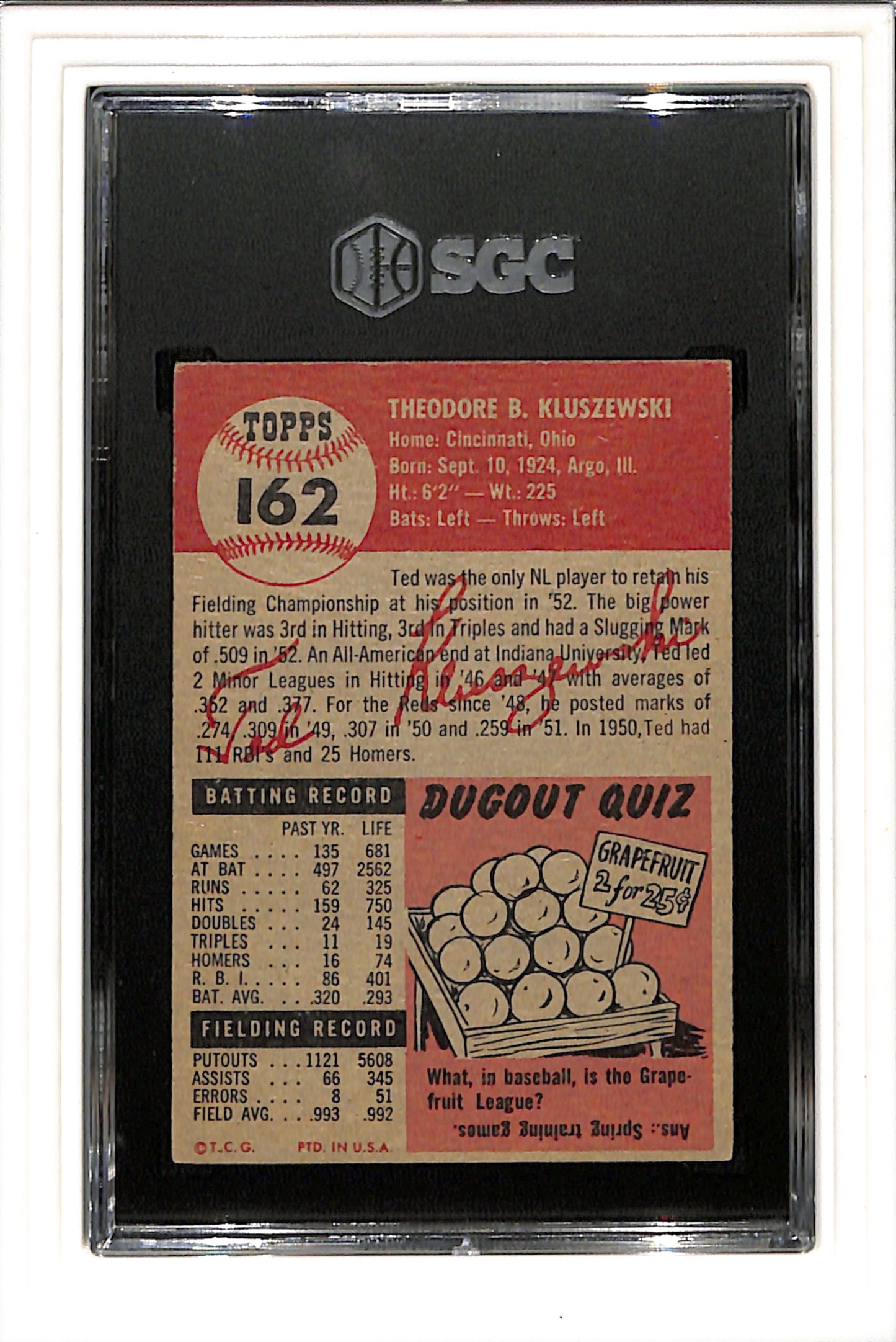 1953 Topps #162 Ted Kluszewski SGC 5.5 SN 6779080