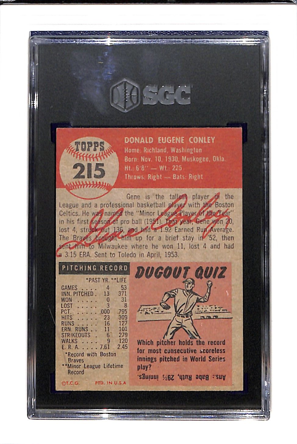 1953 Topps #215 Gene Conley - Milwaukee Braves RC SGC 5