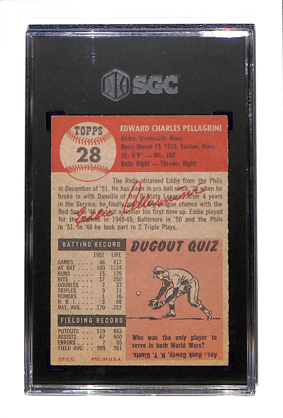 1953 Topps #28 Eddie Pellagrini - Cincinnati Reds SGC 5.5