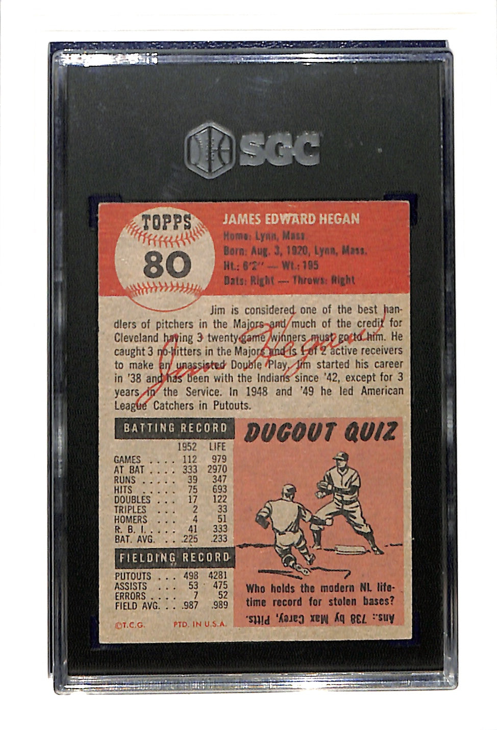 1953 Topps #80 Jim Hegan - Cleveland Indians SGC 4