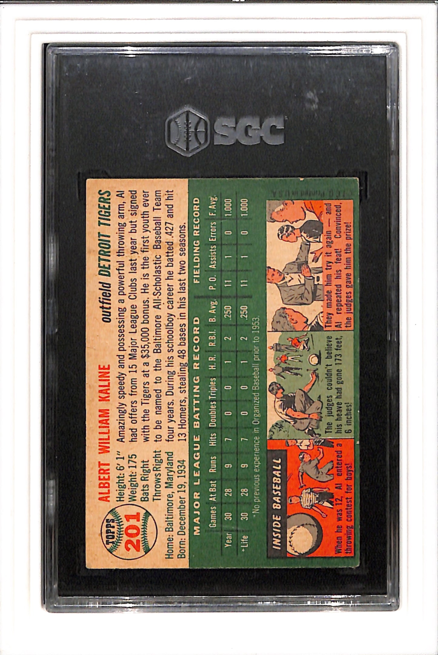 1954 Topps #201 Al Kaline RC SGC 3 SN 5452485