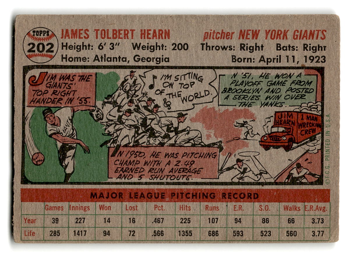 1956 Topps #202 Jim Hearn VGEX