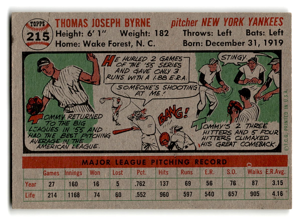 1956 Topps #215 Tommy Byrne G/VG