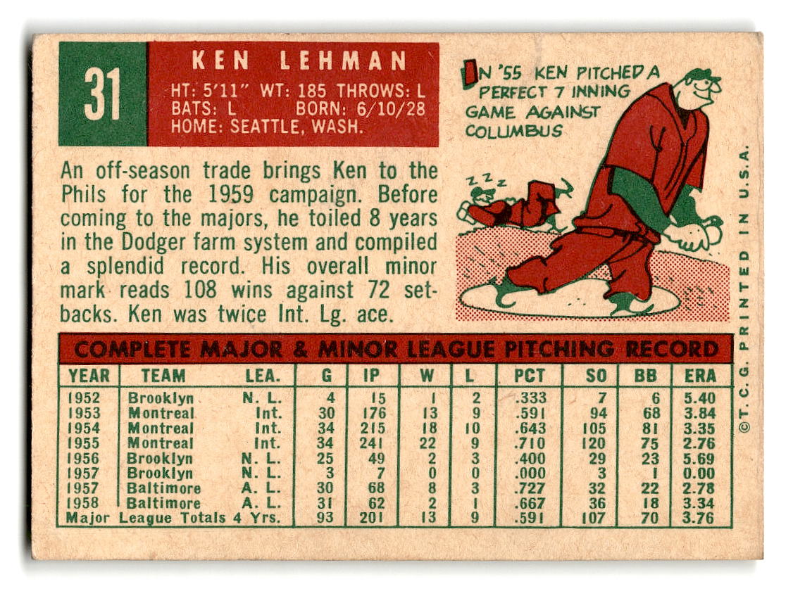 1959 Topps #31 Ken Lehman Philadelphia Phillies EXMT