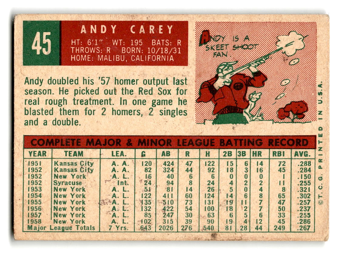 1959 Topps #45 Andy Carey New York Yankees VGEX