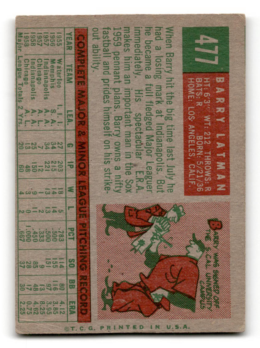 1959 Topps #477 Barry Latman Chicago White Sox RC EX