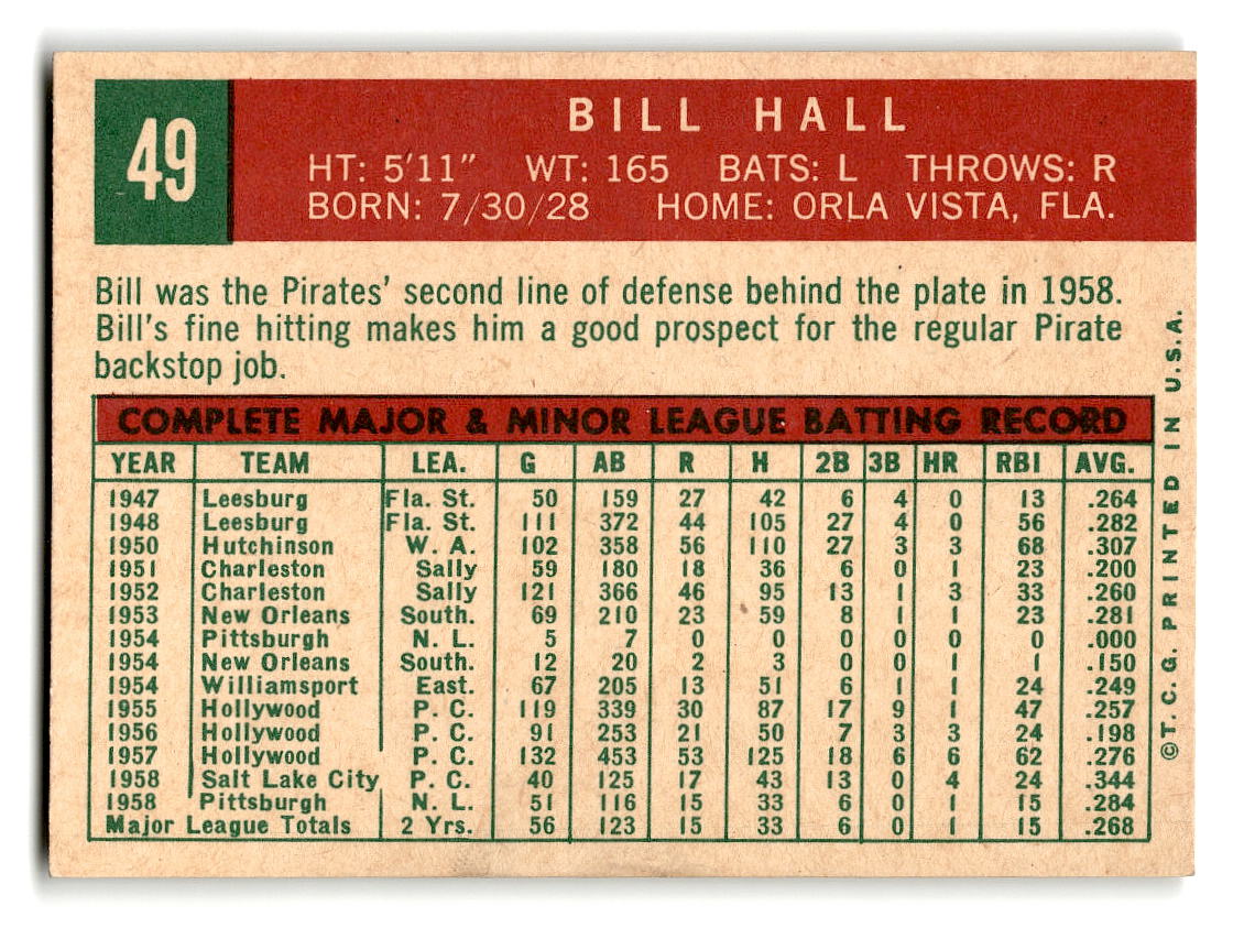 1959 Topps #49 Bill Hall Pittsburgh Pirates NMT