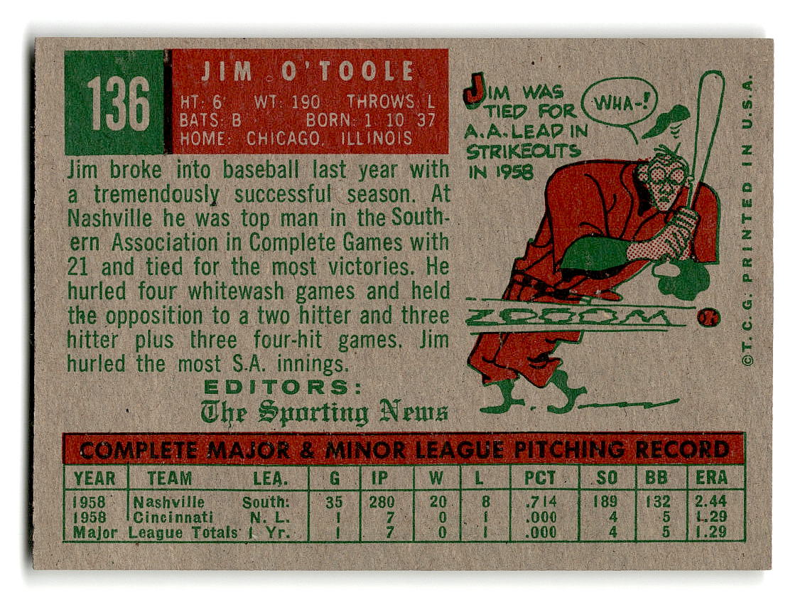 1959 Topps #136 Jim O'Toole Cincinnati Reds RC EXMT