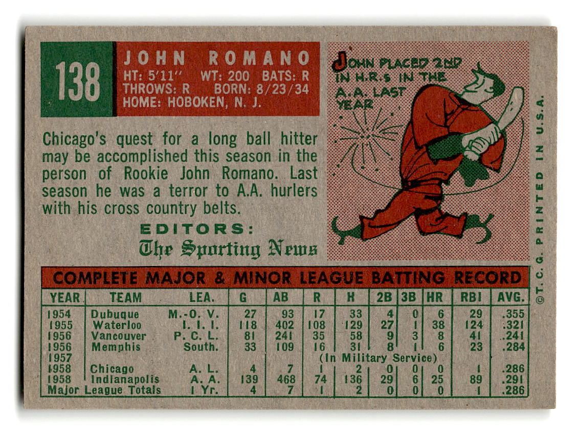 1959 Topps #138 Johnny Romano Chicago White Sox RC EXMT