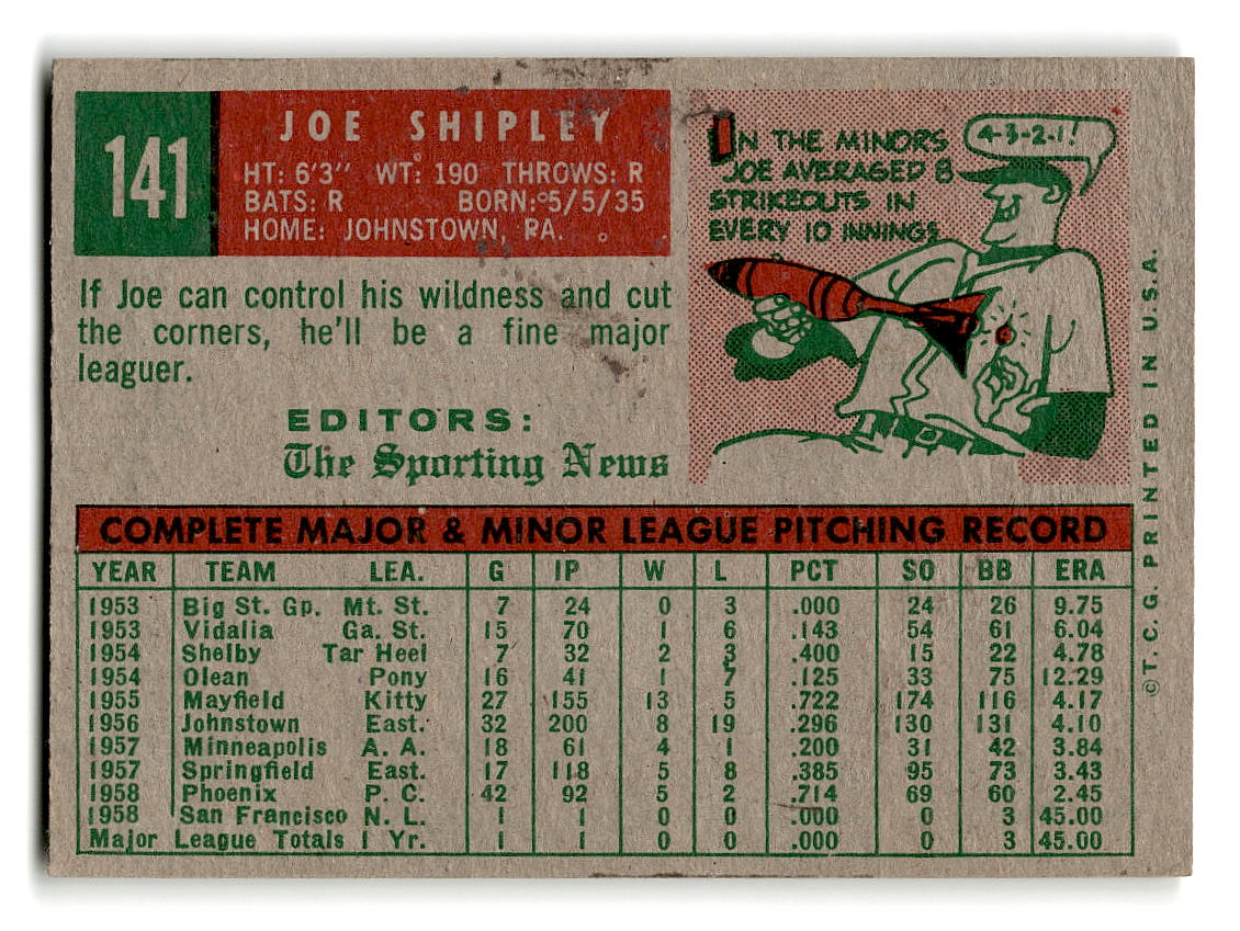 1959 Topps #141 Joe Shipley San Francisco Giants RC EX