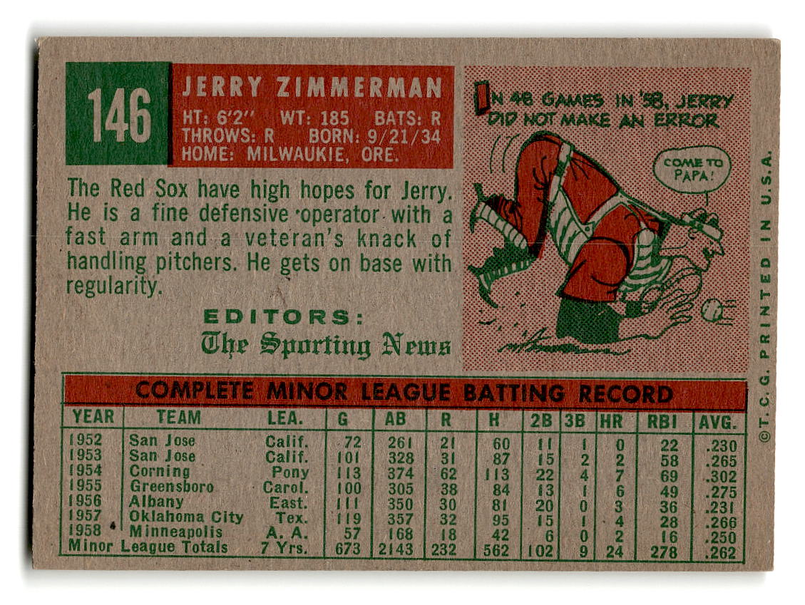 1959 Topps #146 Jerry Zimmerman Boston Red Sox RC EX