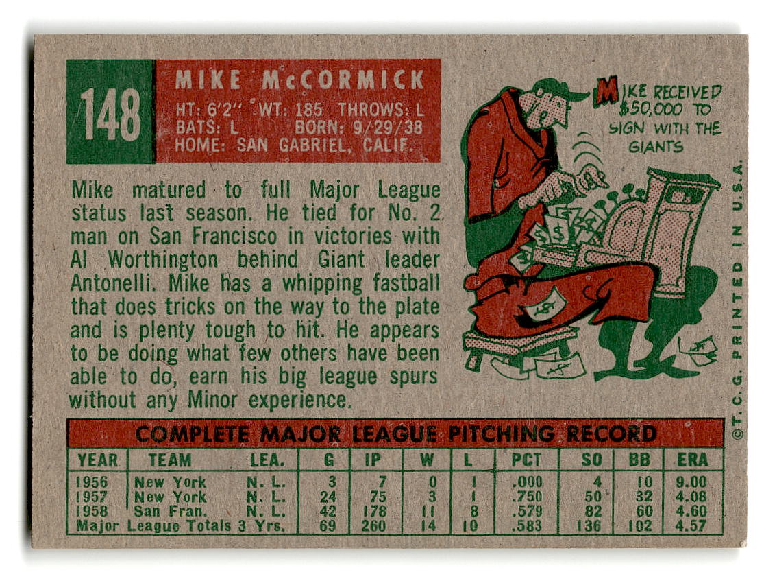 1959 Topps #148 Mike McCormick San Francisco Giants EX