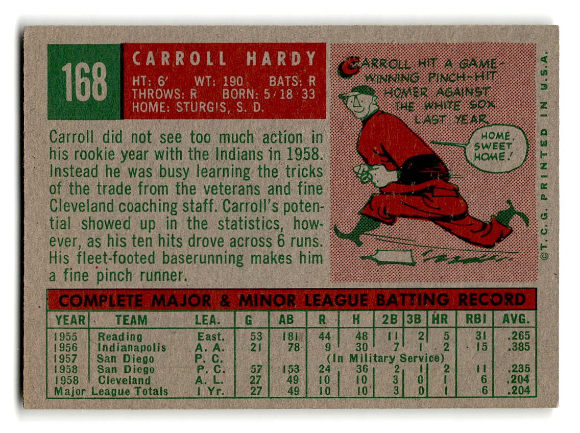 1959 Topps #168 Carroll Hardy Cleveland Indians EXMT
