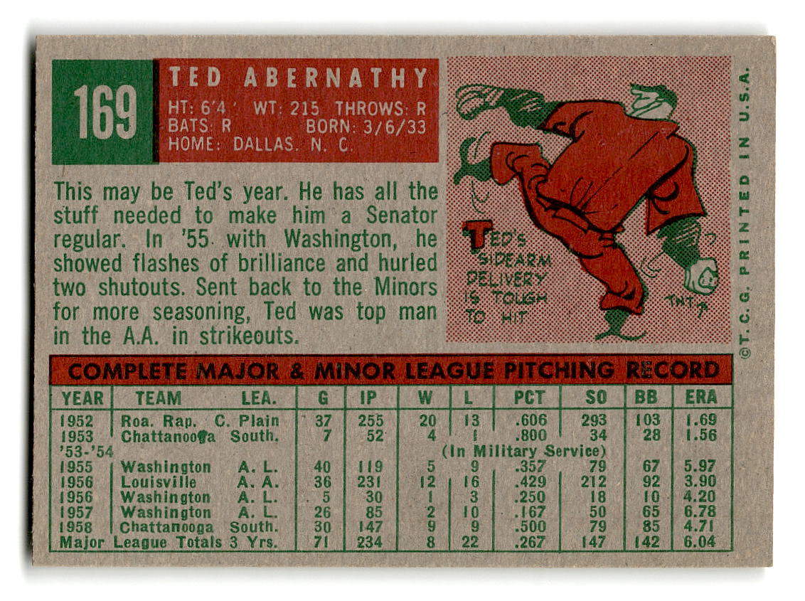 1959 Topps #169 Ted Abernathy Washington Senators EXMT