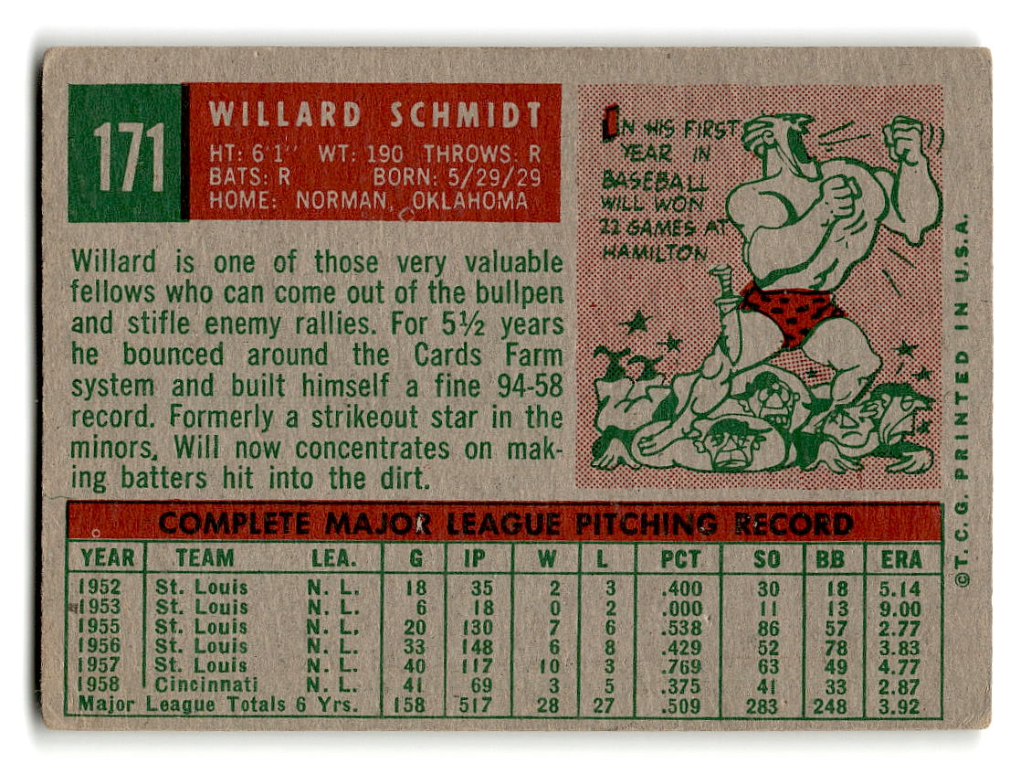 1959 Topps #171 Willard Schmidt Cincinnati Reds VG