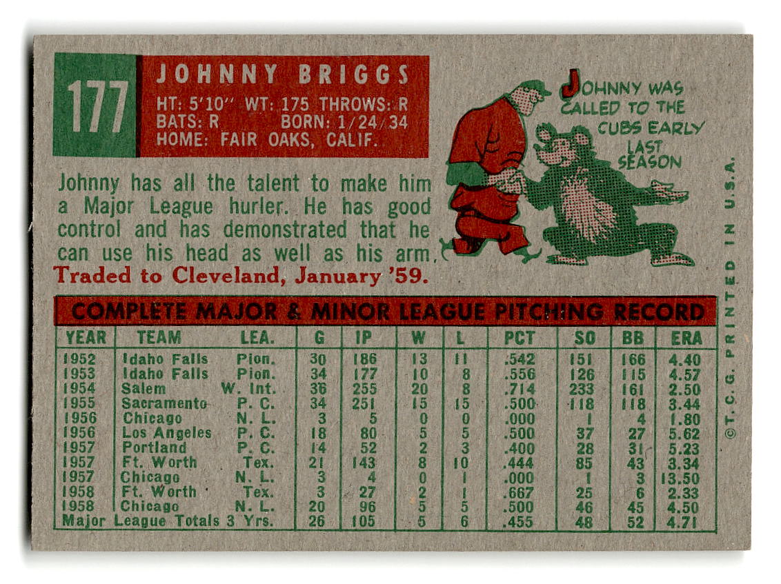 1959 Topps #177 Johnny Briggs Chicago Cubs RC EX
