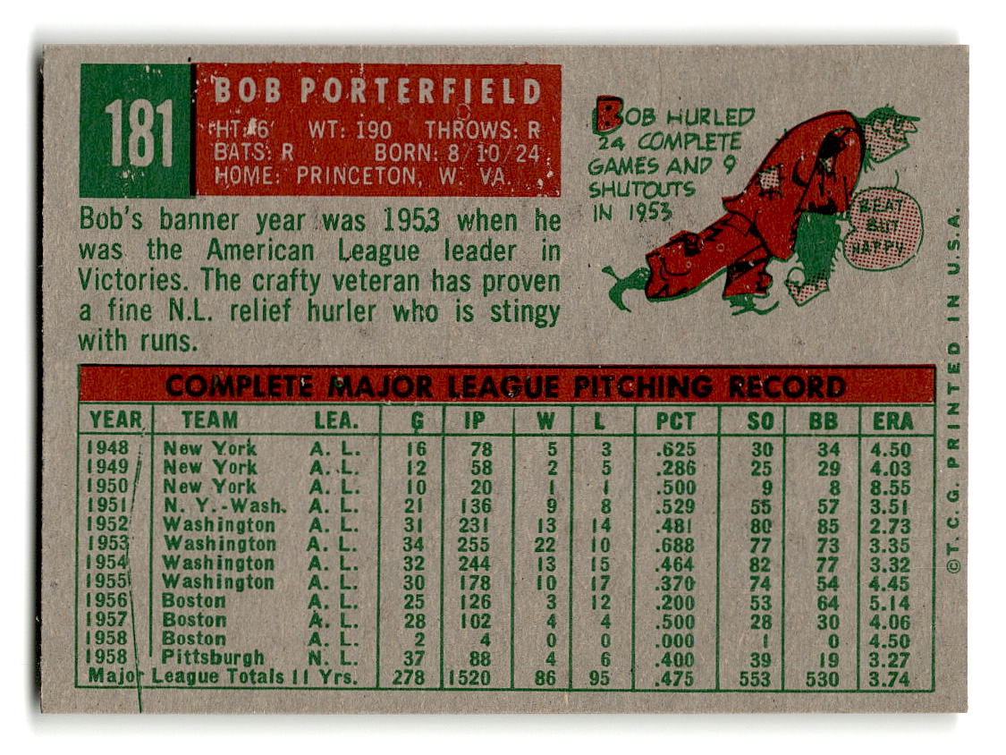 1959 Topps #181 Bob Porterfield Pittsburgh Pirates EXMT