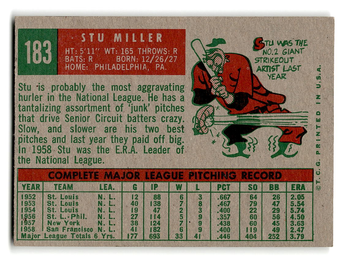 1959 Topps #183 Stu Miller San Francisco Giants VG
