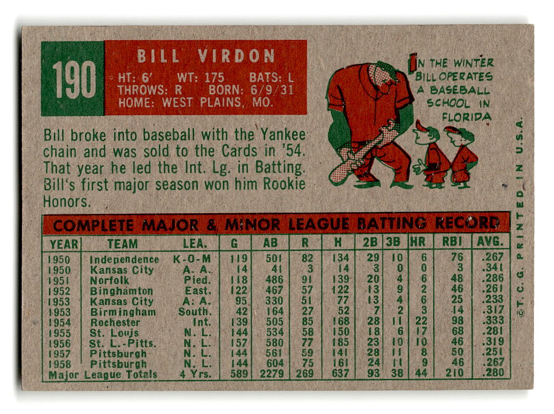 1959 Topps #190 Bill Virdon Pittsburgh Pirates EXMT